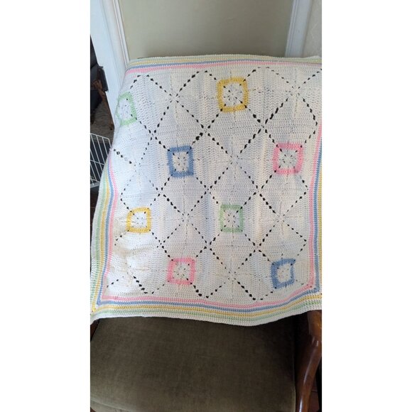 Handmade Crochet Baby Blanket Pastel Squares White  Color Accents  32.5 c 32 - Picture 3 of 8